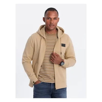 Ombre Men's unbuttoned sweatshirt with hood and patch - sand