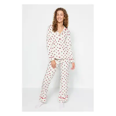 Trendyol Beige 100% Cotton Heart Patterned Shirt-Pants and Knitted Pajamas Set