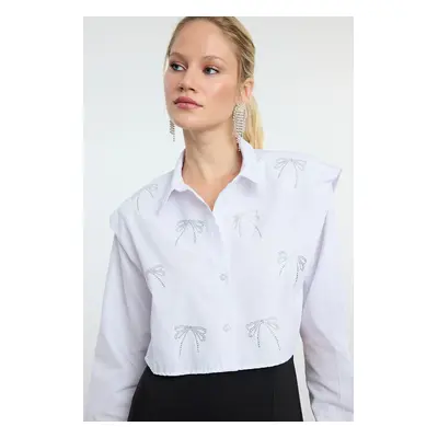 Trendyol White Crop Stone Printed Poplin Woven Shirt