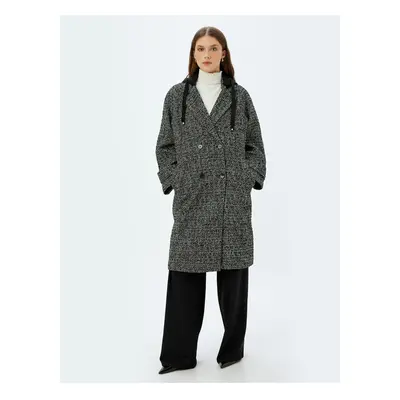 Koton Long Double Breasted Coat with Removable Hood and Buttoned Pockets