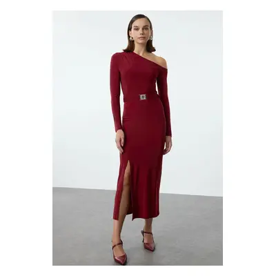 Trendyol Claret Red Straight Belt Detailed Fitted Flexible Maxi Knitted Dress