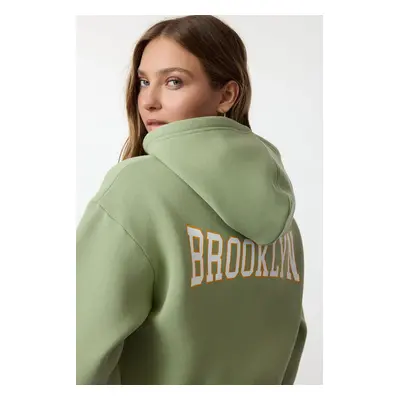 Trendyol Mint*001 Back Print Detailed Hooded Thick Polar Fleece Knitted Sweatshirt