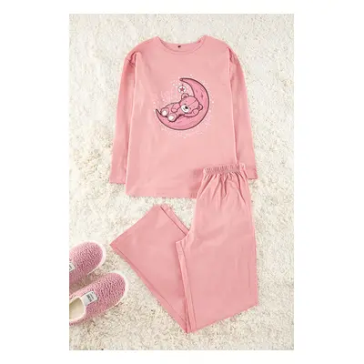 Trendyol Dusty Rose 100% Cotton Teddy Bear and Galaxy Printed Knitted Pajama Set