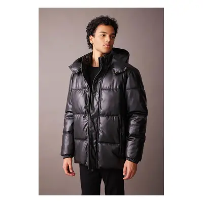 DEFACTO Slim Fit Hooded Faux Leather Puffer Coat