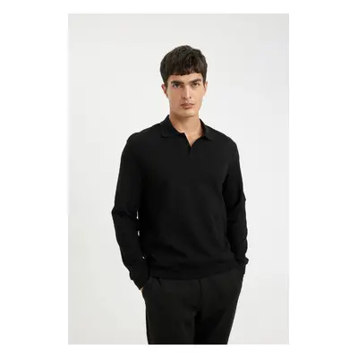 DEFACTO Black Regular Fit Polo Neck Jacquard Knitwear Sweatshirt