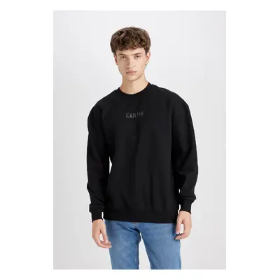 DEFACTO Men's Black Boxy Fit Crew Neck Printed Sweatshirt