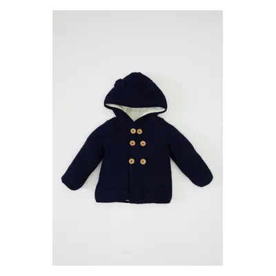 DEFACTO Baby Boy Navy Blue Polar Fleece Thick Double Button Closure Hooded Knitwear Cardigan