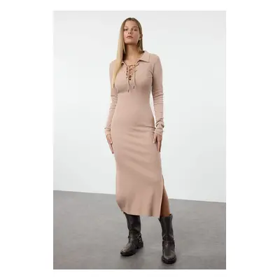 Trendyol Mink Eyelet Detailed Body-Smoothing Elastic Ribbed Midi Dress