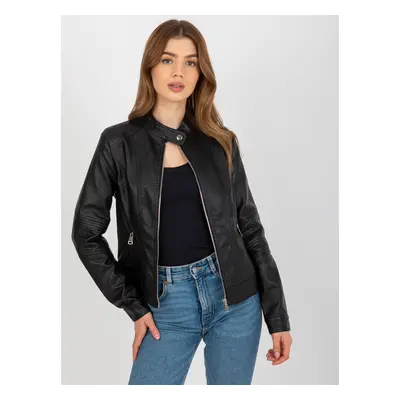 Women's black biker jacket made of artificial leather with stitching