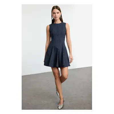 Trendyol Navy Blue Striped Skirt Waist Opening Crew Neck Mini Polyviscon Woven Dress