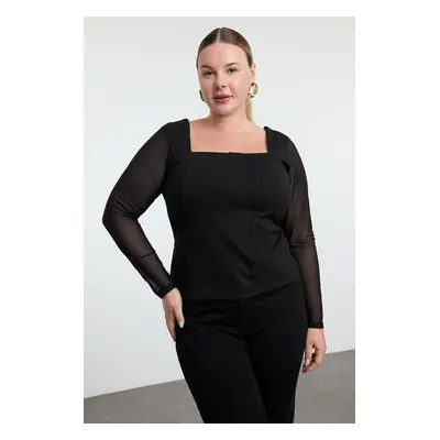 Trendyol Curve Black Bodycone Tulle Detailed Knitted Stylish Blouse