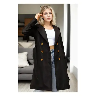 68115 Dewberry Belted Women Trenchcoat-BLACK