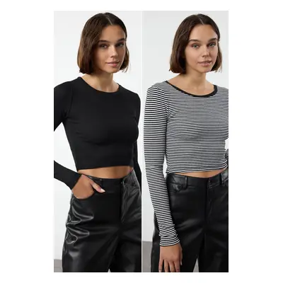 Trendyol Black-Black Striped Pack Fitted Flexible Knitted Blouse