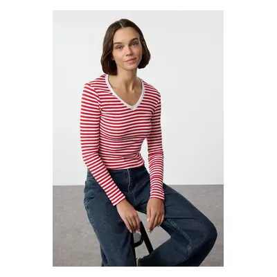 Trendyol Red Striped Corded V-Neck Fitted Long Sleeve Crop Stretchy Knitted Blouse