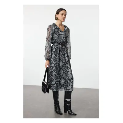 Trendyol Black Animal Belted Midi Woven Dress