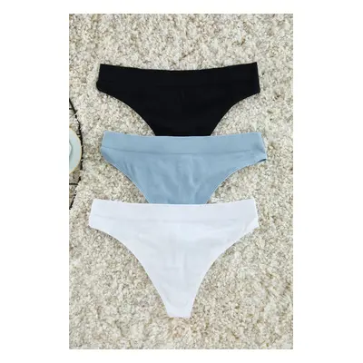 Trendyol Black-White-Blue 3-Pack Seamless/Seamless Thong Knitted Panties