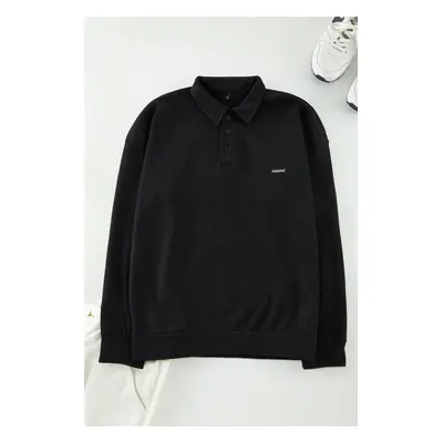 Trendyol Black Men's Oversize/Wide Cut Labeled Textured Cotton Polo Neck Sweatshirt