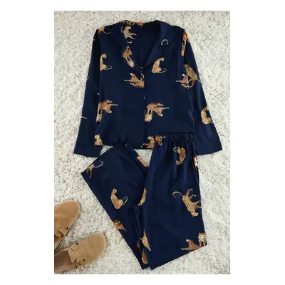 Trendyol Navy Blue Tiger Patterned Viscose Woven Pajama Set