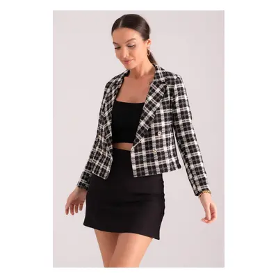 armonika Women's Black and White Double Breasted Collar Tweed Crop Jacket