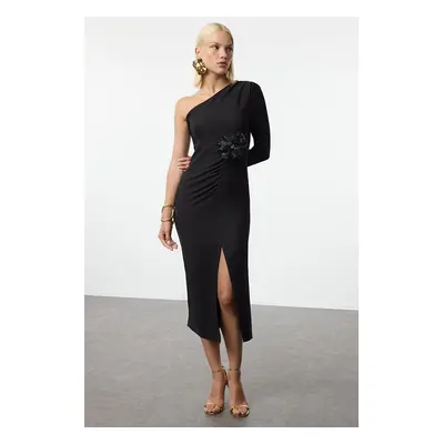 Trendyol Black Rose Detailed One Shoulder Woven Dress