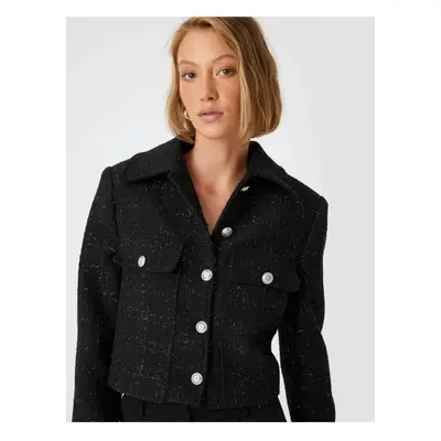 Koton Tweed Crop Jacket with Buttoned Flap Pocket Detail