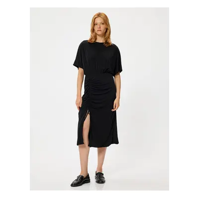 Koton Midi Dress Short Sleeve Round Neck Gathered Slit Detail