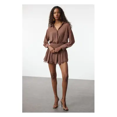 Trendyol Brown A-Line Shirt Collar Ruffle Detailed Chiffon Woven Short Dress