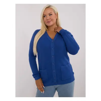 A dark blue sweater of a larger size with a triangle neckline