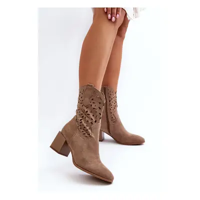 Suede ankle boots with an openwork upper on the block, dark beige Irvelame