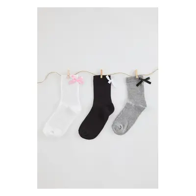 Trendyol Multi-Colored 3-Pack Ribbon/Bow Detailed Ribbed Knitted Socks