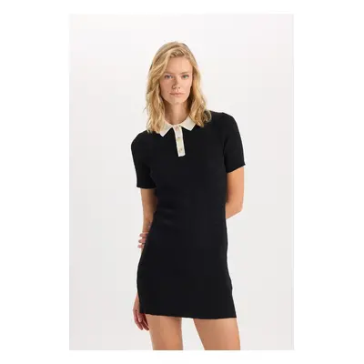 DEFACTO A-Line Polo Neck Basic Plain Ribbed Look Viscose Short Sleeve Mini Dress