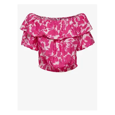 White-pink floral cropped blouse with ruffle ONLY Petra - Ladies