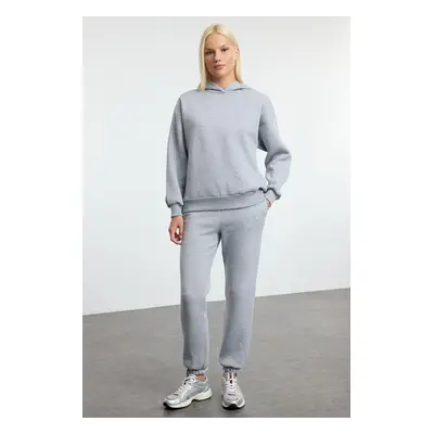 Trendyol Gray Melange Thick Fleece Hooded Oversize/Comfortable Cut Knitted Tracksuit Set