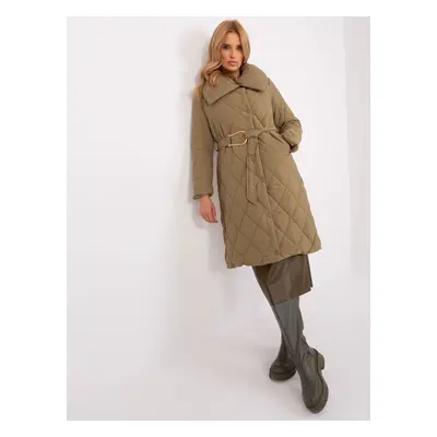 Khaki long winter jacket with stitching