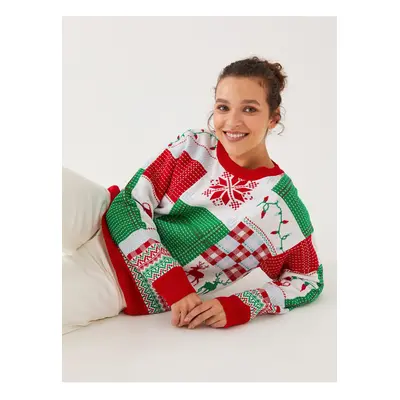 LC Waikiki Women's Christmas Themed Crew Neck Long Sleeve Knitwear Sweater