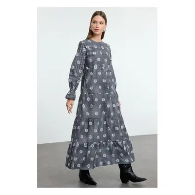 Trendyol Black Gingham Floral Printed Elastic Sleeve Detailed Woven Dress