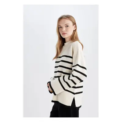 DEFACTO Oversize Wide Pattern Half Turtleneck Striped Knitwear Sweater