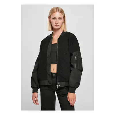 Women's Oversized Jacket Sherpa Mixed Bomber Jacket Black