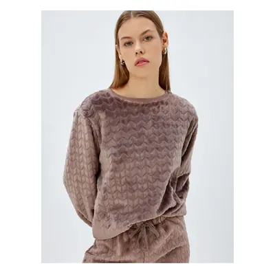 Koton Knitted Polar Fleece Pajama Top Elastic Cuff Crew Neck Textured