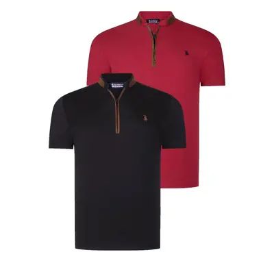 DUAL SET T8571 DEWBERRY ZIPPER MEN'S T-SHIRT-BLACK-BURGUNDY