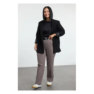 Trendyol Curve Grey High Waist Ribbed Stitched Spanish Leg Woven Fabric Trousers