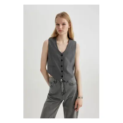 DEFACTO V-Neck Buttoned Classic Gray Blazer Vest