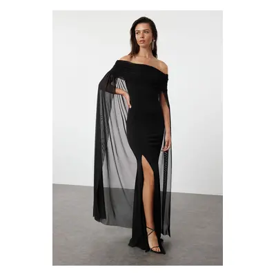 Trendyol Black Long Knitted Tulle Cape Detailed Elegant Evening Dress