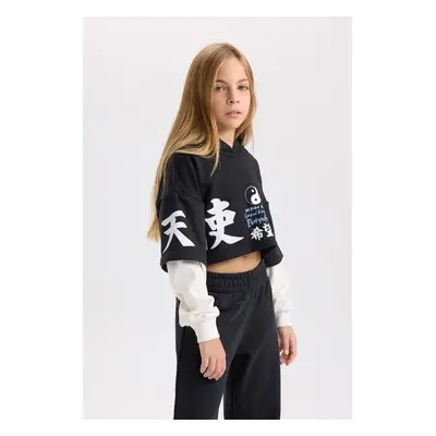 DEFACTO Girls 2-Piece Set Crew Neck Printed Sweatshirt Elastic Waist Jogger Sweatpants