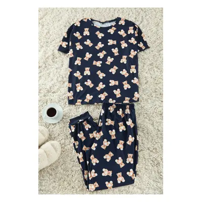 Trendyol Curve Navy Blue Teddy Bear Patterned Jogger Fit Knitted Pajama Set