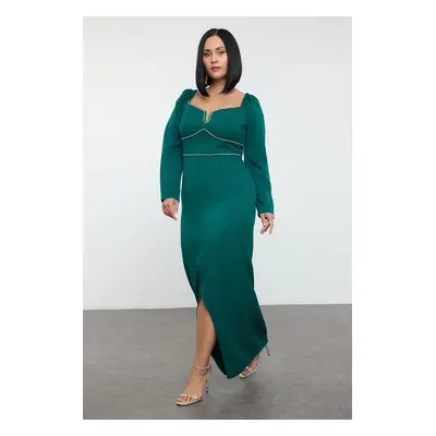 Trendyol Curve Emerald Green Stone Embroidered Slit Woven Evening Dress/Graduation/Engagement/Ev