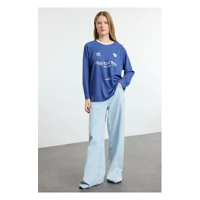 Trendyol Blue Slogan Printed Polo Collar Oversize/Wide Pattern Knitted T-Shirt