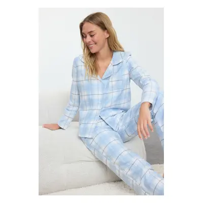 Trendyol Blue-Multicolor Cotton Plaid Pocket Detailed Woven Pajamas Set