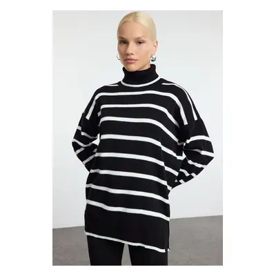 Trendyol Black Striped Wide Cut Long Knit Sweater