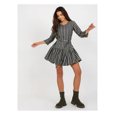 Dark gray striped cocktail dress with tie